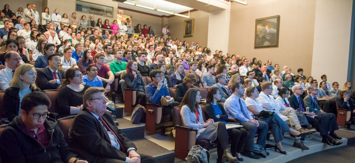 Audience members listen to the keynote speaker during the 2017 Janet Rowley Research Day in Billings Auditorium